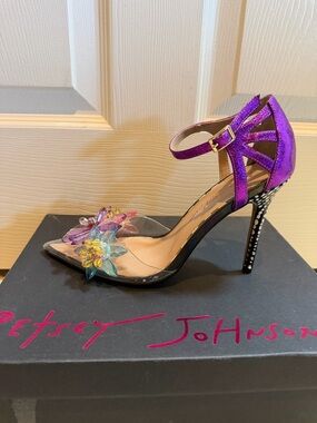 Betsey Johnson Purple Ankle-Strap Heel with Multicolor Crystal Flowers
